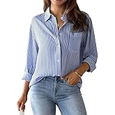 KARRESLY Women Button Down Shirts Striped Long Sleeve Business Casual Blouse Top Collared Lightweight Dress Shirt with Pocket
