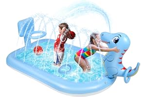 ANSEE Splash Pad Sprinklers for Kids, 3 in 1 Inflatable Kiddie Pool Play Center Including Basketball Game and Ring Toss Game, 63inch Dinosaur Design Indoor Outdoor Water Play Mat for Toddlers 3-5 Boys Girls