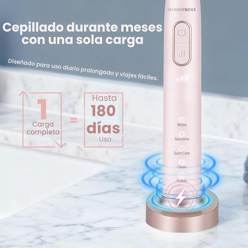 Cepillo de dientes eléctrico Sonic para adultos, cepillo dientes recargable rosa con estación carga USB, 5 modos de limpieza, 3 intensidades, temporizador inteligente 2 minutos, QR-7303