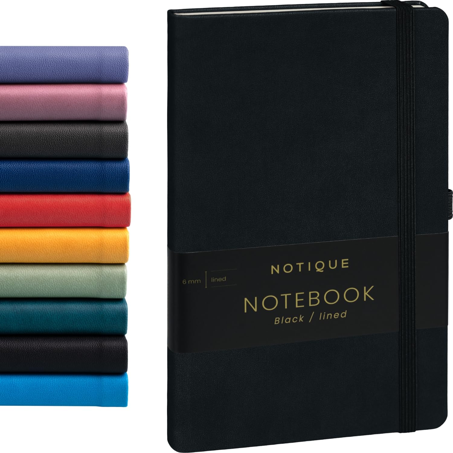 NOTIQUE Lined Hardback Notebook, Notebook, Journal, Diary with Elastic Band and Pen Holder, 13 x 21 cm, 192 Pages (Black, Lined)