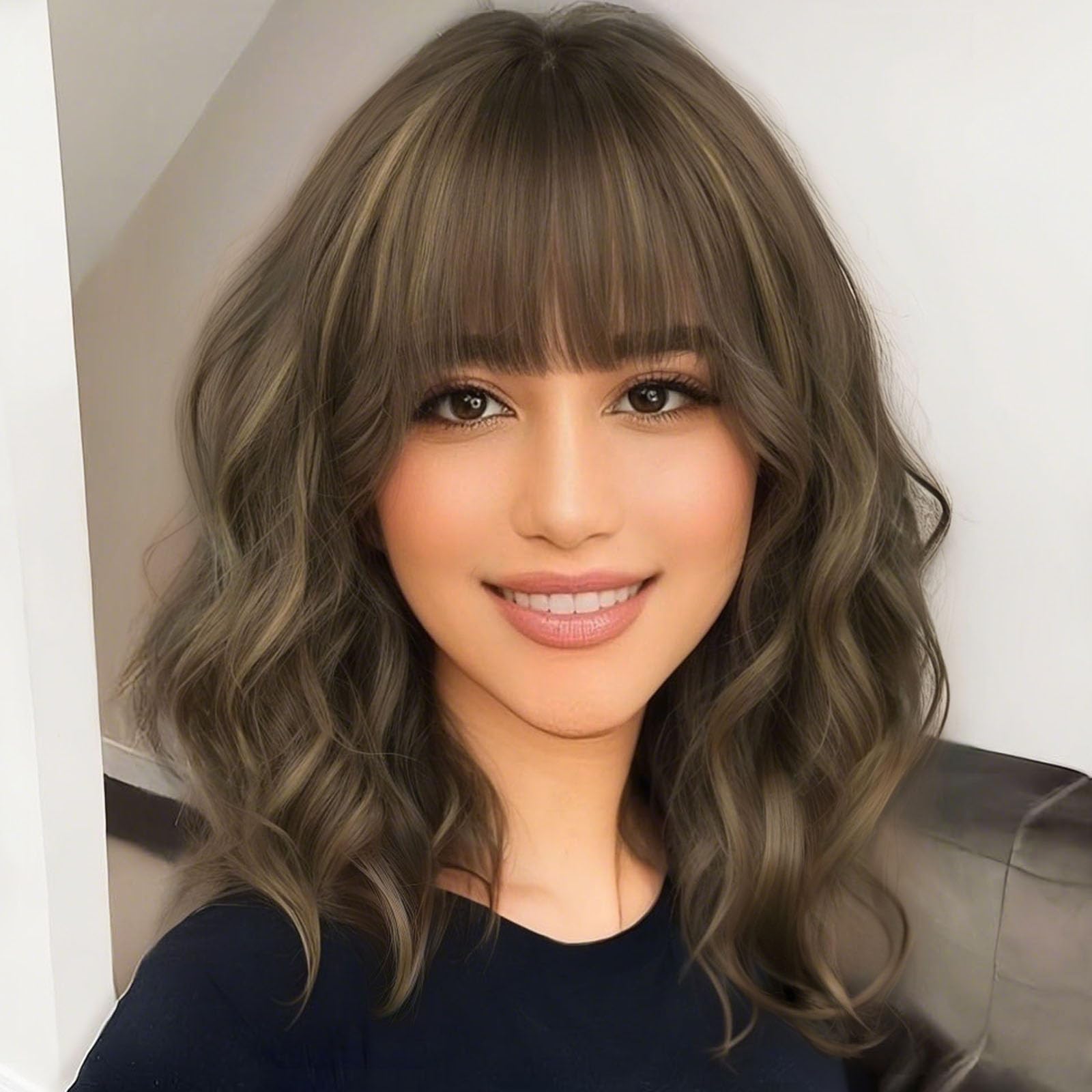 Photo 1 of AISI HAIR Synthetic Wavy Curly Bob Wig with Bangs Brown mix Caramel Blonde Short Hair for Women Synthetic Heat Resistant Bob Wigs