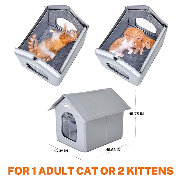 TOOZEY INSULATED OUTDOOR CAT HOUSE WITH 4 BONUS INSULATION SHEETS – WEATHER-RESISTANT, EASY ASSEMBLY, DURABLE FERAL CAT SHELTER WITH REMOVABLE SOFT MAT FOR WINTER PROTECTION, GREY