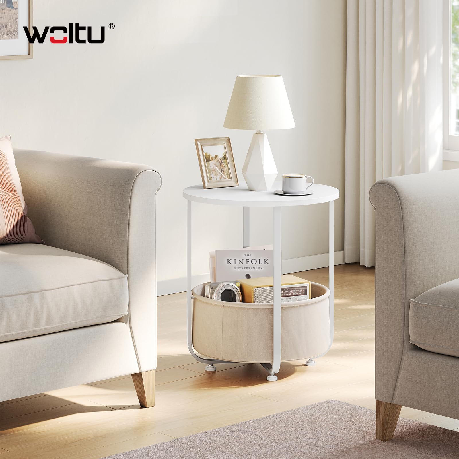 WOLTU Couchtisch rund, Kleiner Beistelltisch, mit abnehmbarem Stoffkorb, Metallrahmen, für Sofa Wohnzimmer Schlafzimmer, Weiß + Beige 2
