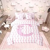 Erosebridal Pink Bowknot Bed in A Bag Monogrammed C Comforter Set with Sheets Twin Size for Kids Girls Teens Bowknot Kawaii 7 Piece Bedding Set Dreamy Princess Bed Sets