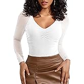 Avidlove Long Sleeve Bodysuit for Women Sexy V Neck Mesh Ruched Shapewear Body Suits Going Out Leotard Tops