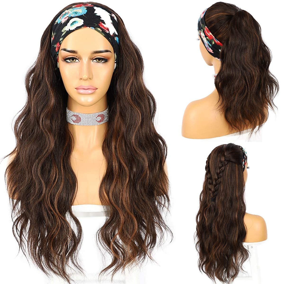 Sapphirewigs Body Wave Headband Wig Synthetic Long Wavy Wigs for Women Glueless Brown Hair Natural Looking 150% Density 26 inch
