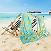 CASA COPENHAGEN Miami Bath Towels Designed in Denmark Rough and Tough, Quick Dry, for Pool, Bath & Shower 30"x60", 2 Pieces Cotton Beach Towels Set - Fish Teal + Yellow Stripe