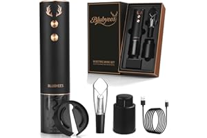BLUBYEES 4-in-1 Rechargeable Electric Wine Opener Set - Automatic Corkscrew, Foil Cutter, Aerator Pourer, Vacuum Stopper - El