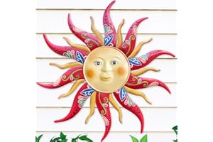 Daogtc Metal Sun Wall Art Decor-17.3 inches Rustic Retro Hanging Decoration for Indoor Outdoor,Metal Sun Art Sculpture for Home Garden Farmhouse Yard Patio Fence Living Room Bedroom(Red)