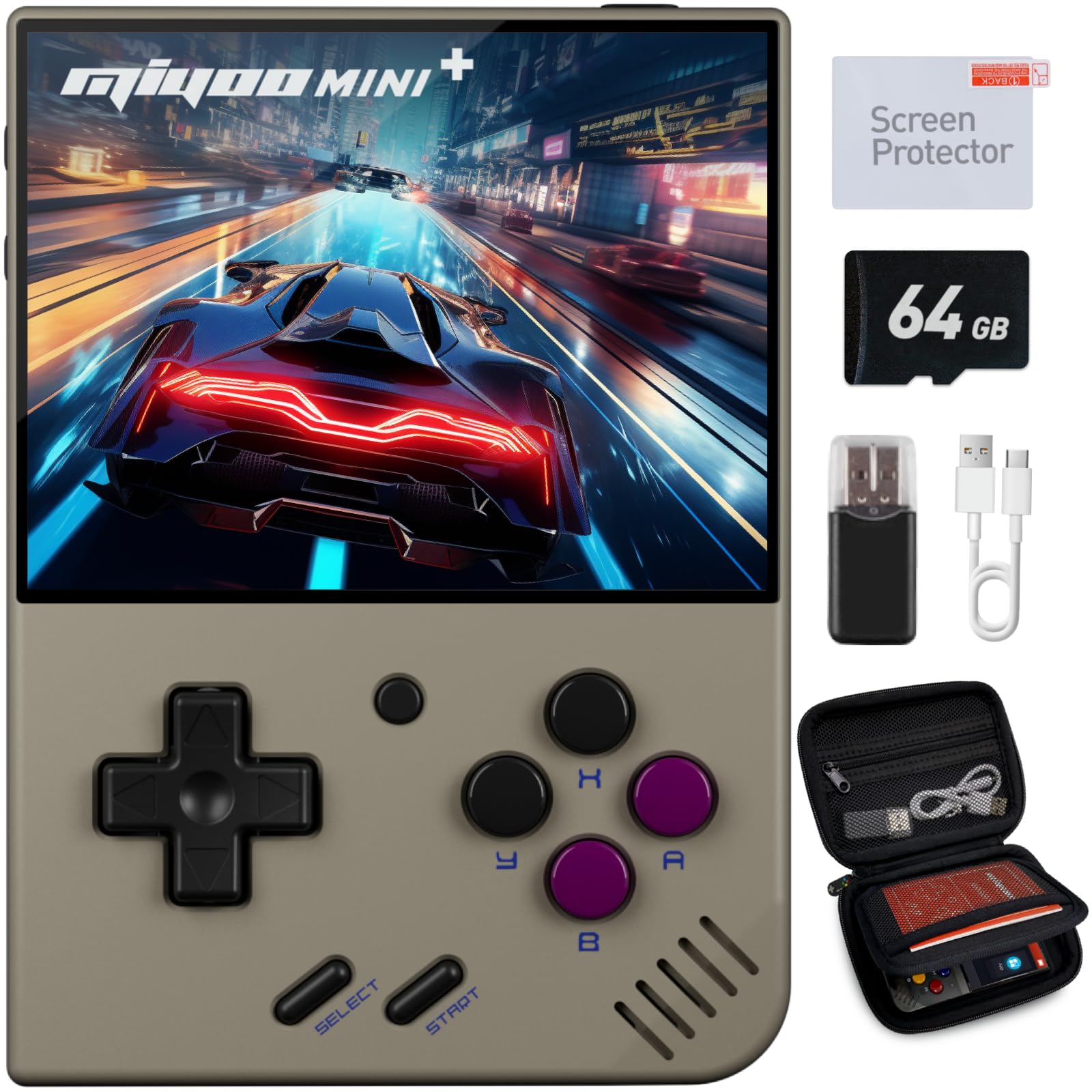 Miyoo Mini Plus Retro Gaming Console, with Dedicated Storage Case, 3.5 Inch IPS 640x480 Screen, 64G TF Card with 10,000+ Games, 3000mAh 8+Hours Battery, Support Wireless Network