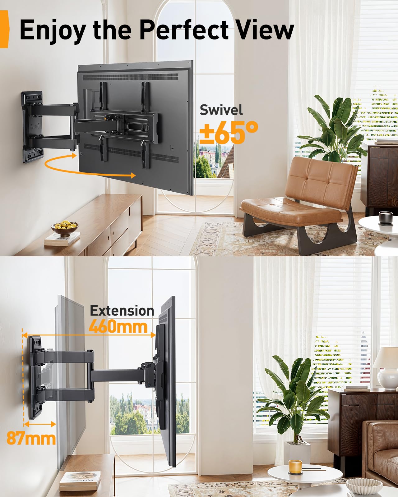 Perlegear TV Wandhalterung für 23-70 Zoll TVs bis 50 kg, Höhenverstellbare Wandhalterung Fernseher mit Schnelle Neigungsverstellung, Fernseher Halterung 55 Zoll Schwenkbar, Max VESA 400x400 mm 3