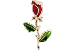 Knighthood Men's Red Rose Stem With Green Leaves Lapel Pin/Brooch Golden