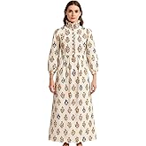 Floral Print Victorian Maxi Dress, Long Sleeve High Neck, White with Multi-Color Flower Pattern, Vintage Style by Kapra-US