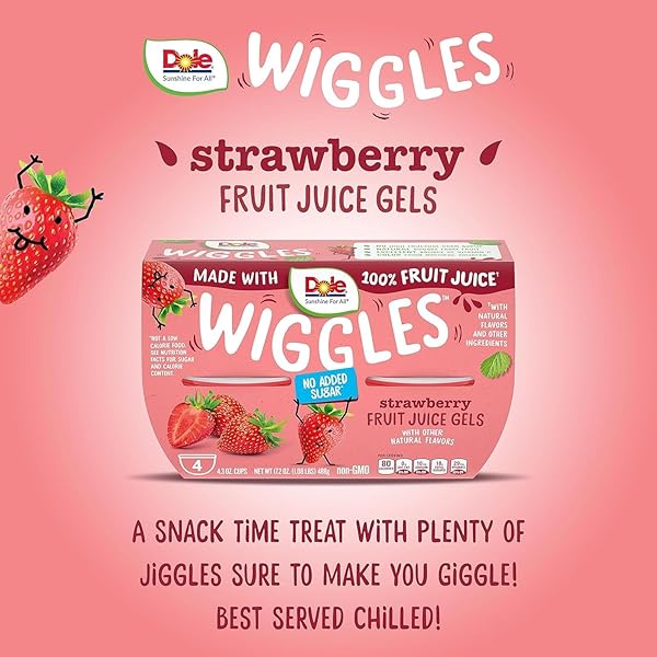 DOLE WIGGLES NO SUGAR ADDED STRAWBERRY FRUIT JUICE GELS SNACKS, 4.3OZ 4 TOTAL CUPS, GLUTEN & DAIRY FREE, BULK LUNCH SNACKS FOR KIDS & ADULTS