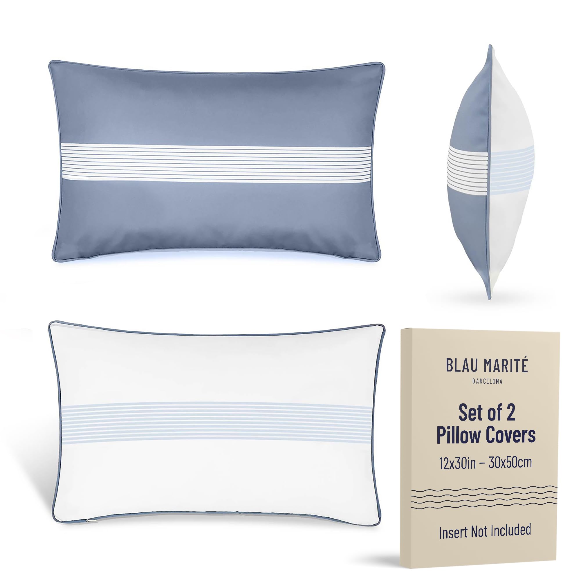 Blau Marité Set of 2 decorative cushion covers. Model FORMENTERA. Resistant, waterproof and anti-stain. Soft and cozy. For indoor and outdoor decoration. (12 x 20 inches, Blue)