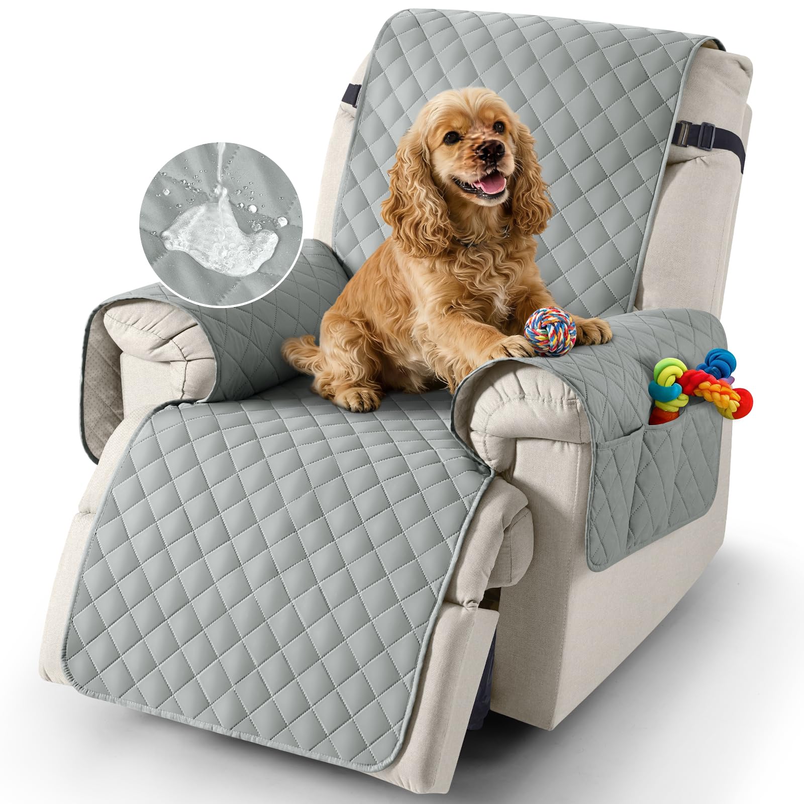 TAOCOCO Recliner Slipcovers,100% Waterproof Recliner Covers,Armchair Covers with Pockets,1 Seater Armchair Slipcovers,Non Slip Reclining Sofa Covers Arm Chair Covers for Pets(Grey)