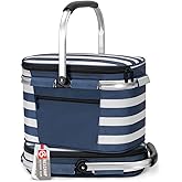 ALLCAMP Picnic Basket - Insulated Cooler, Thickening Foldable Picnic Basket with Removable Baskets & Sewn-in Frame, Basket for House Warming Gifts New Home(Blue White)