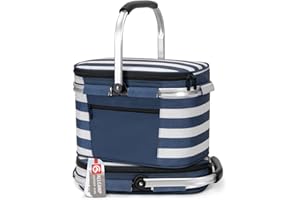 ALLCAMP OUTDOOR GEAR ALLCAMP Picnic Basket - Insulated Cooler, Thickening Foldable Picnic Basket with Removable Baskets & Sewn-in Frame, Basket for House Warming Gifts New Home(Blue and White)