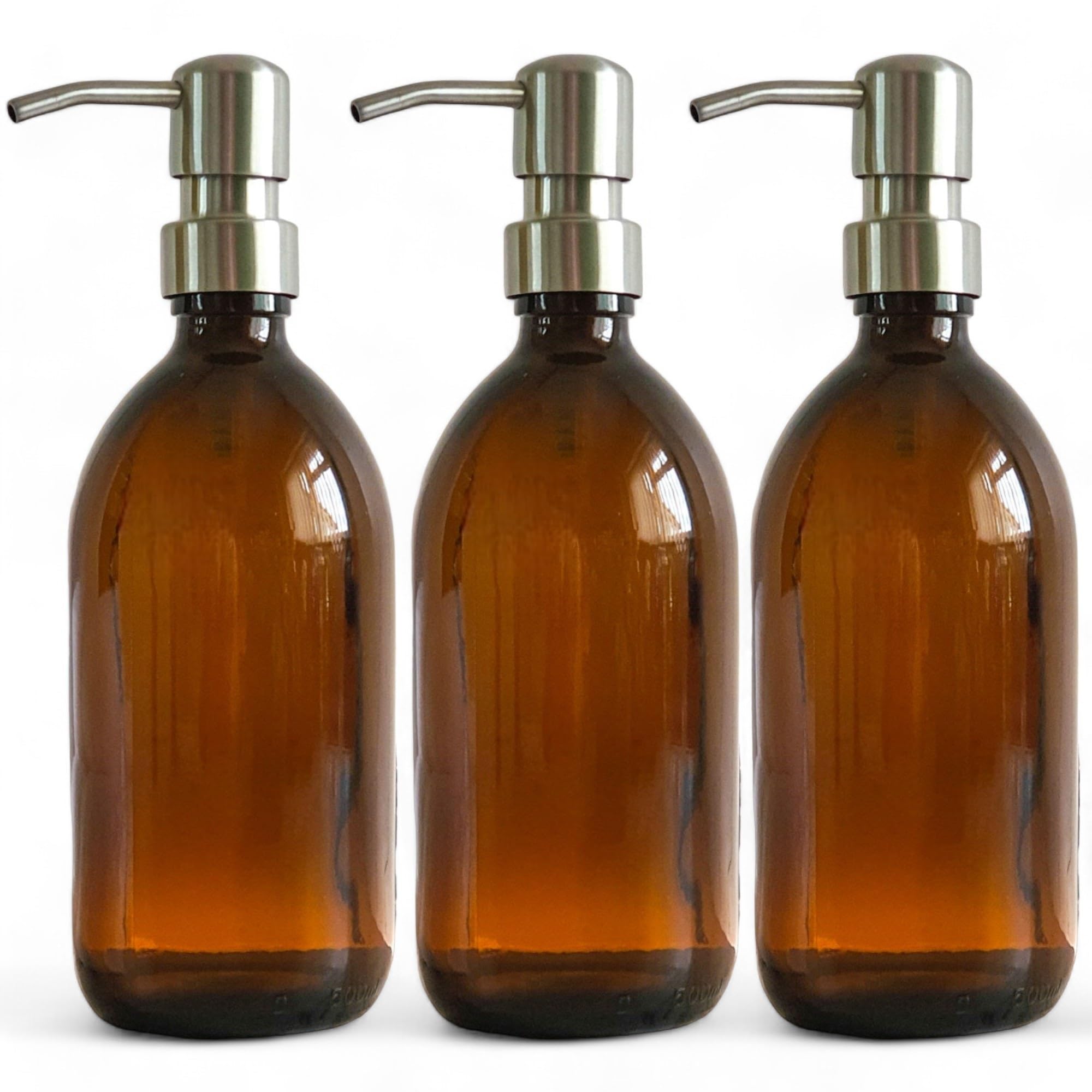 Amber Glass Bottles 500ml Soap Dispenser with Metal Pump (BPA-Free) Brown Glass Empty Soap Dispensers – Reusable Refillable Eco friendly, Sustainable Living/Gift (Brushed Steel, 3)