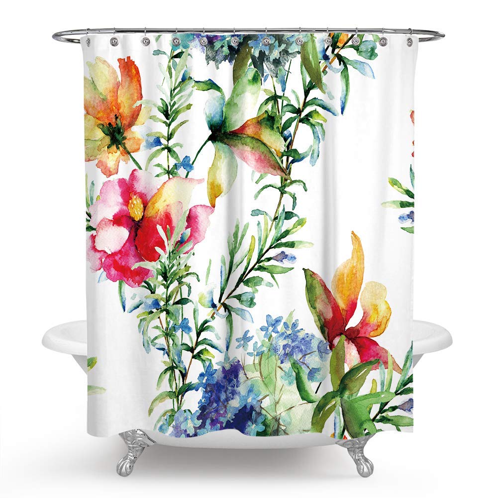 JOOCAR Design Shower Curtain, Watercolor Retro Style Floral Decorative Summer Flowers Floral Illustration, Waterproof Cloth Fabric Bathroom Decor Set with Hooks