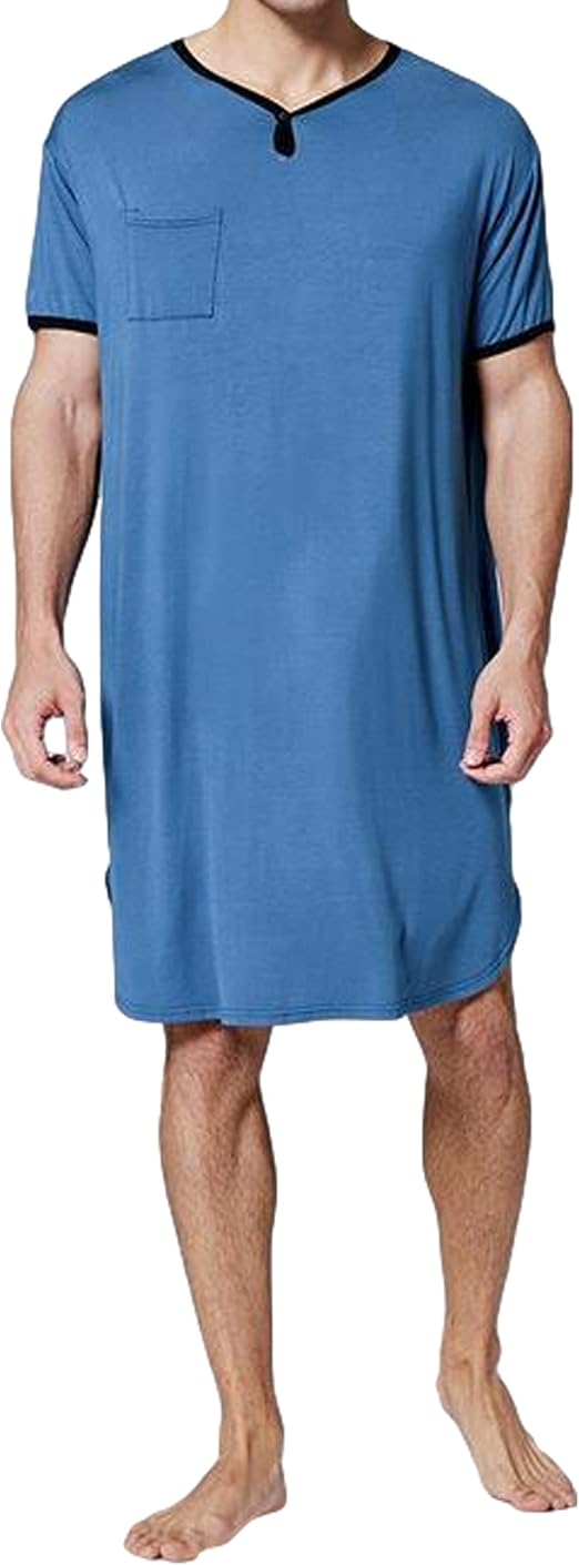 Men’s Cotton Short Sleeve Nightshirts Henley Sleeveless Nightgown