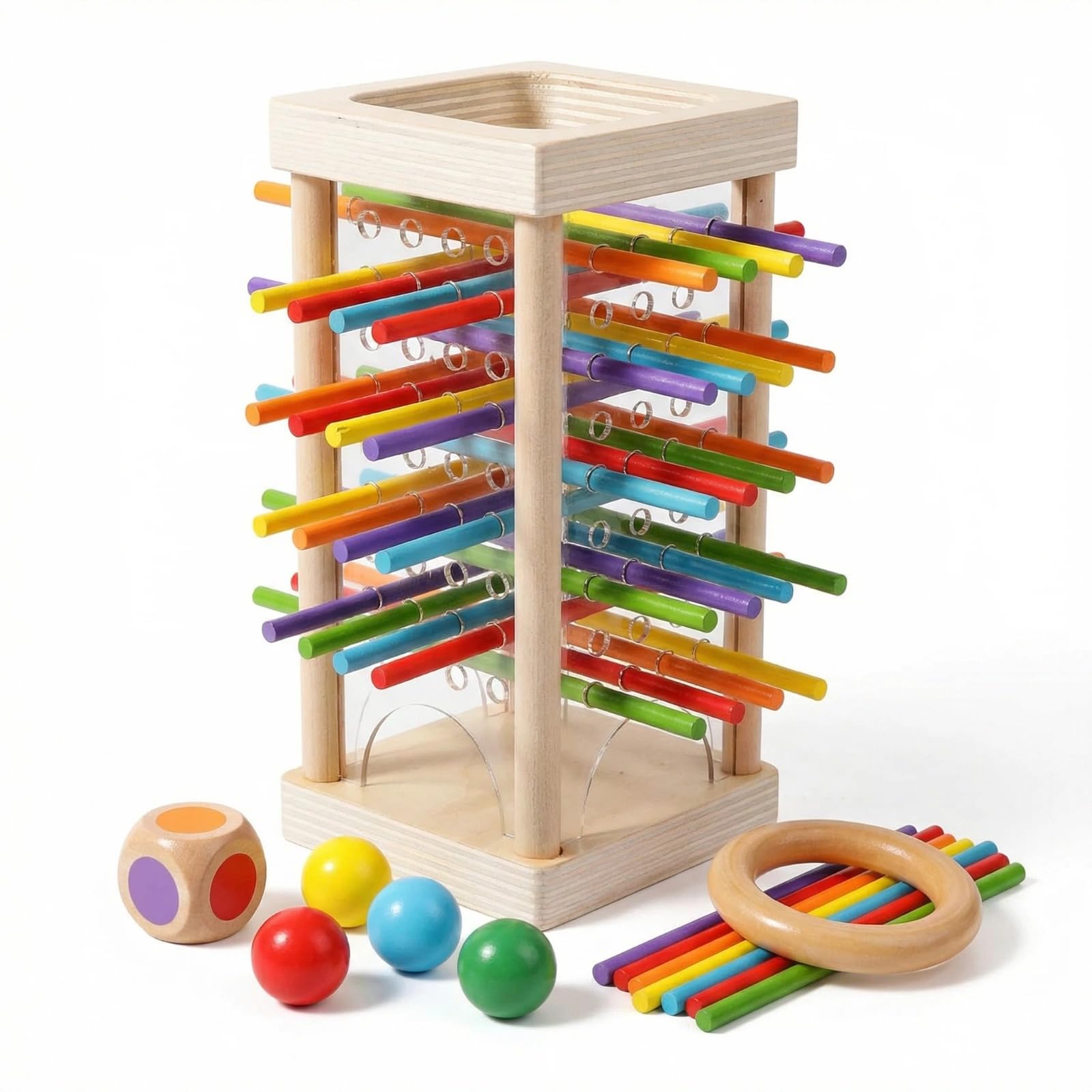 SINJAETRQ Wooden Stacking Game for Kids - Montessori Pull Sticks Board Games with Dice & Balls,Kids Games,Operation Game, Fine Motor Skill Learning Toys for 3 4 5 6 Year Old Boys Girls