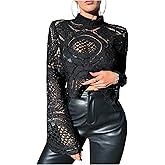 Floerns Women's Summer Hollow Out Blouse Flare Sleeve Mock Neck Beach Cover Up Crop Tops