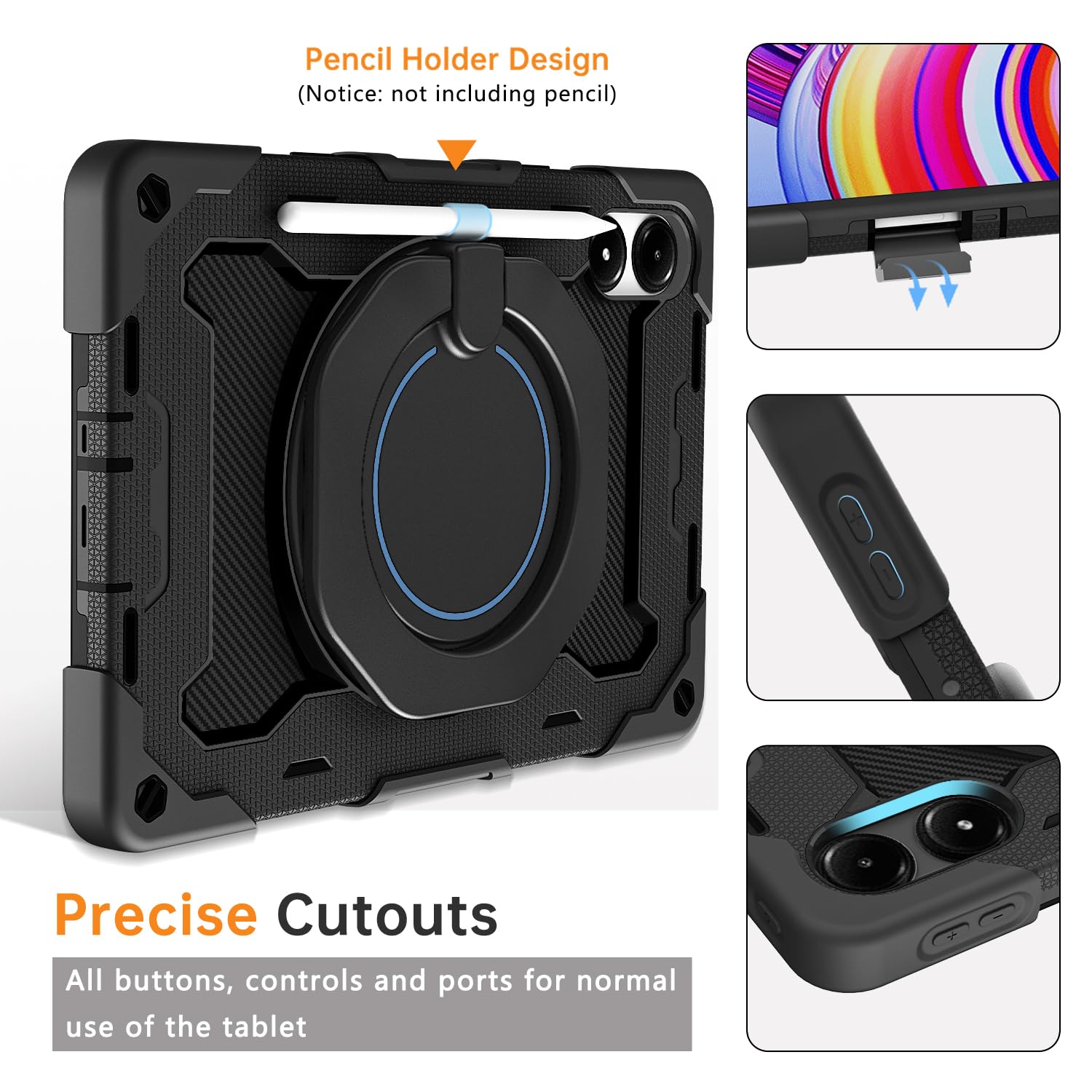 ROISKIN für Redmi Pad 2 Pro 2025/Redmi Pad Pro 2024/Poco Pad M1 12.1 Zoll mit Displayschutz,Drehbarer Ständer,Schultergurt,Stifthalter, Heavy Duty Stoßfeste Kinder Hülle für Redmi Pad 2 Pro,Schwarz 6