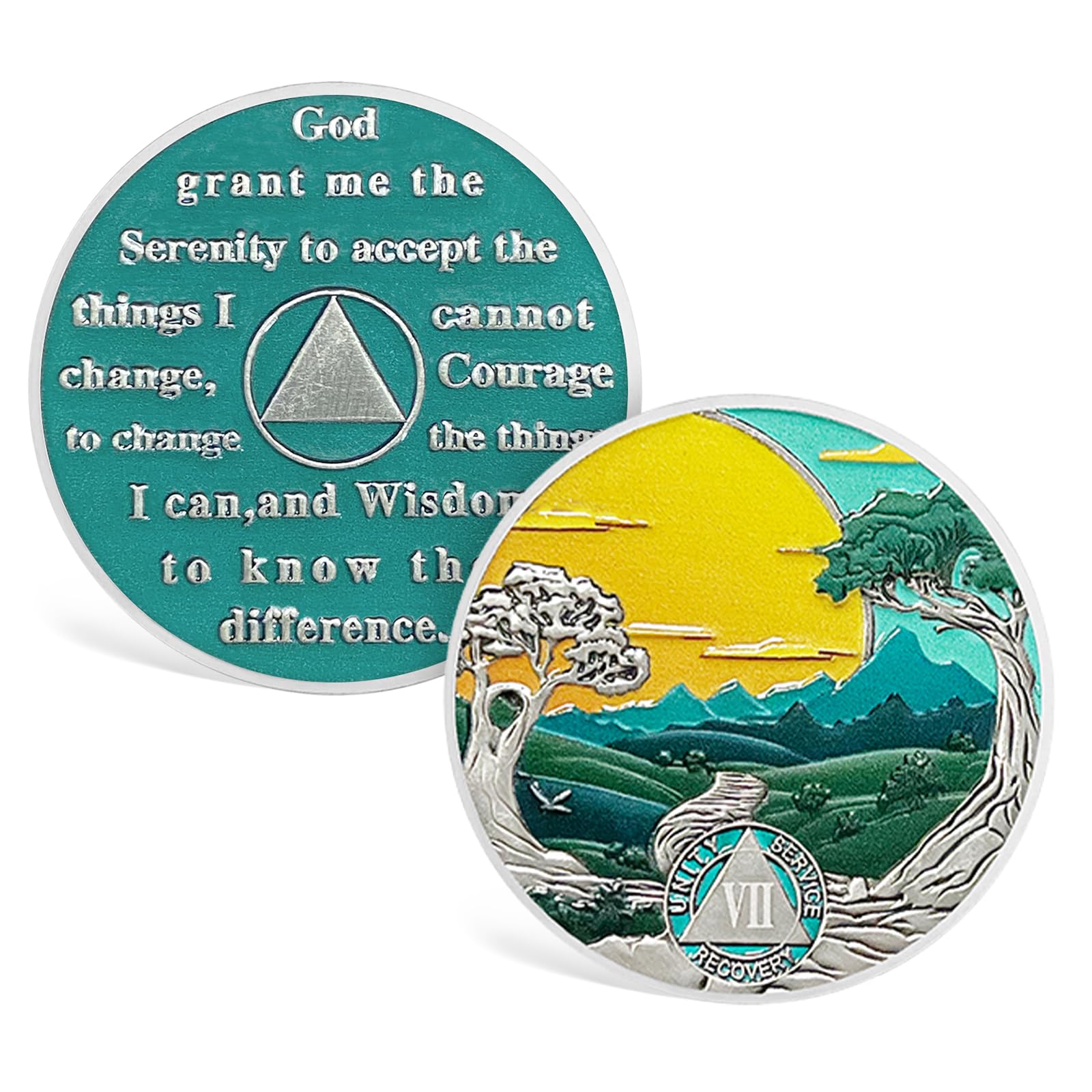 ACGZQY Sobriety Coin - 7 Year Sobriety Chip Green Forest Sun Recovery Mountain Tree Road NA AA Chips and Medallions Sober Token Alcoholics Anonymous Sober Gifts