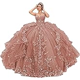 TRHTX Princess Layered Tulle Quinceanera Dresses Spaghetti Straps Ball Gown Glitter Lace Sweet 16 Dresses