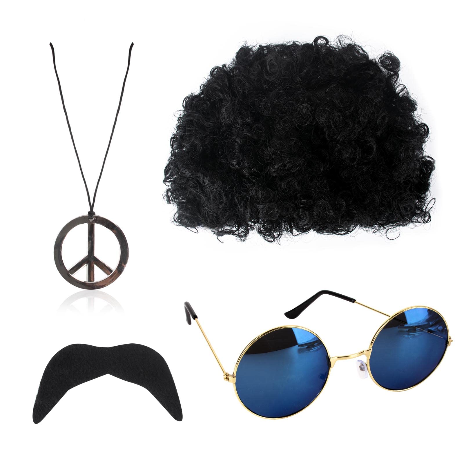 GWAWG Hippie costume suit, retro hippie costume accessories from 1960s to 1970s, fashionable African wig, sunglasses, beard and peace logo necklace, suitable for theme parties in the 1950s/60s/70s