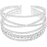 Jojomina MultiLayer Crystal Rhinestone Cuff Bracelet For Women Girls Silver Strand Layered Bridal Bracelet Jewelry for Prom Party Wedding Dating