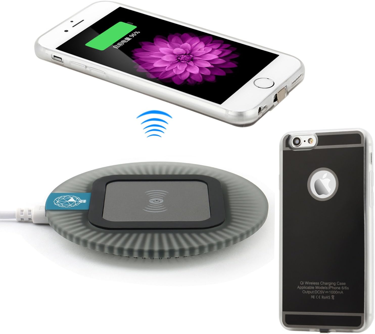 Antye Qi Wireless Charger Kit for iPhone 6 Plus/6S Plus (5.5 Version), Includes Slip-Proof Wireless Charging Pad, Wireless Charging Receiver Case TPU Cover with Flexible Lightning Connector, Black