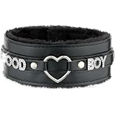 Pink Furry Heart O-ring Leather Choker For Women, Adjusted to 13.5"-18" | Handmade PU Leather Choker with 7-hole Adjustable Fit, Durable Heart Ring&amp;Rhinestone Letters, Gothic Punk Gifts, Avoid Water