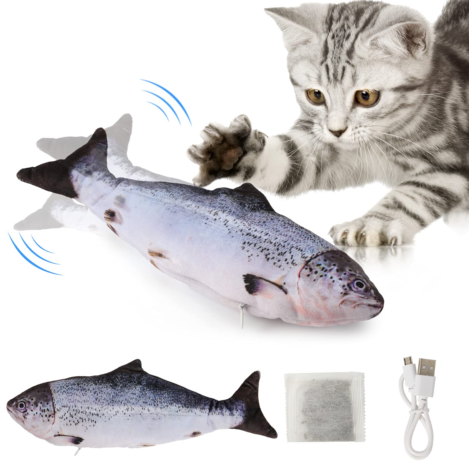 DazSpirit Fish Cat Toy, Floppy Moving Fish Toy For Cats, Electric Cat Toys For Indoor Cats, Interactive Catnip Toys For Cats, USB, Washable, Perfect For Cats Kittens To Bite, Chew And Kick, Silver
