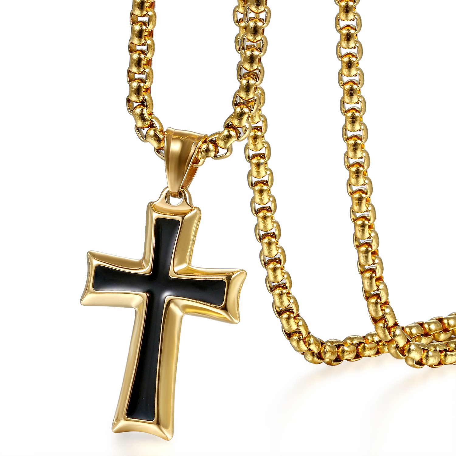 Cupimatch Stainless Steel Crucifix Cross Pendant Necklace, Prayer Cross Necklace Chain for Men Women,22 inch (Gold)