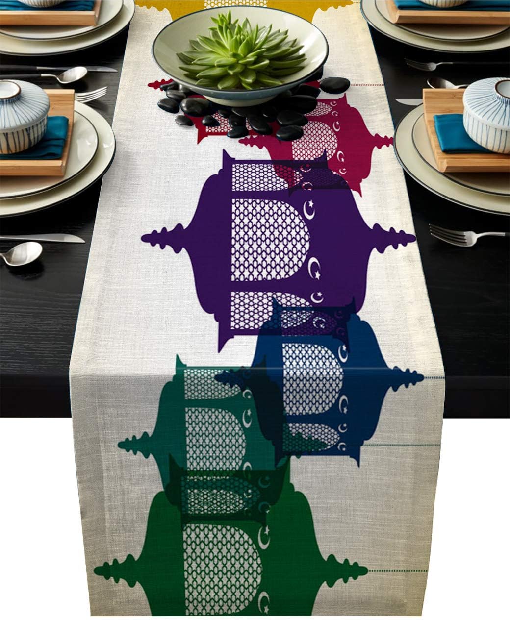 Dining Table Runner for Home Kitchen Dining Table Coffee Table Decorative Ramadan Lantern Festival Cotton Line Table Linens for Holiday/Wedding/Gathering Party 13x90inch