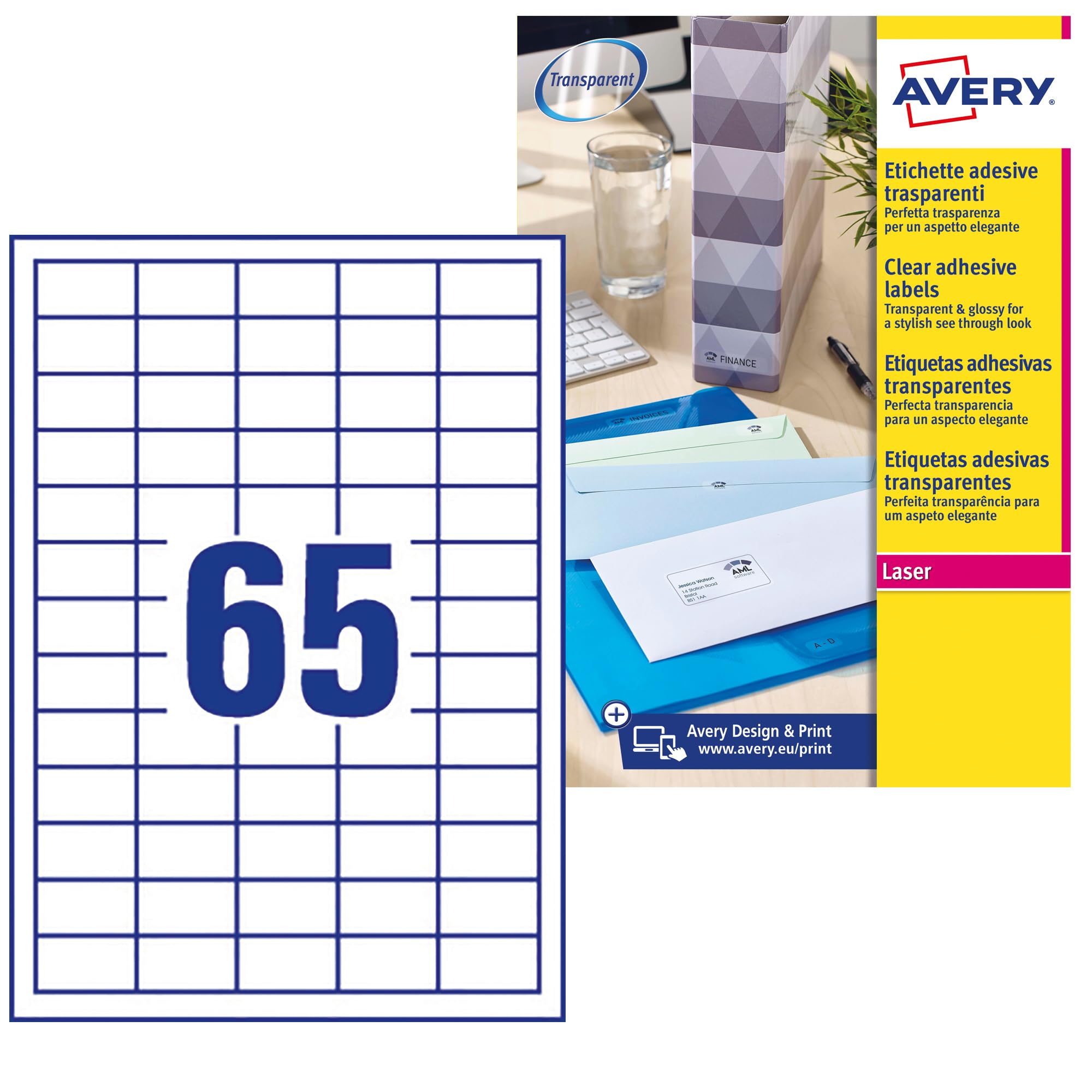 Avery Transparent, Printable, Mini Address Labels, Customisable, 38.1 x 21.2 mm, 65 Labels per Sheet, 1625 Labels per Pack (L7551-25