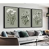 Vibrant Flowers Canvas Wall Art - White Floral Framed Wall Decor Aesthetic Spring Pictures Botanical Paintings Sage Green Art Prints for Living Room Bedroom Dining Room 20" X 28" X 3 Panels
