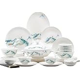 Top Porcelain China Dinnerware Set, Stoneware&amp;Ceramic Dinnerware Sets,Ceramic Cookware Tableware Set Includes Dinner China Plates|Chinese Spoons|Pasta Bowls|Soup Pot|Chopsticks (56 PCS)