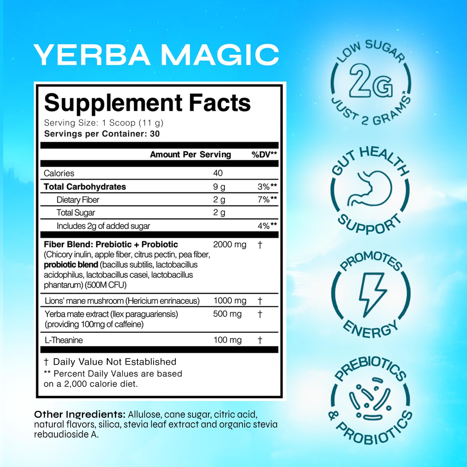 Yerba Magic – Yerba Mate Tea Instant Powder Super Drink with Nootropics, Prebiotics & Probiotics – Clean Energy, Mental Clarity & Gut Wellness | Low Sugar, Natural Caffeine – Peach Mango, 30 Servings