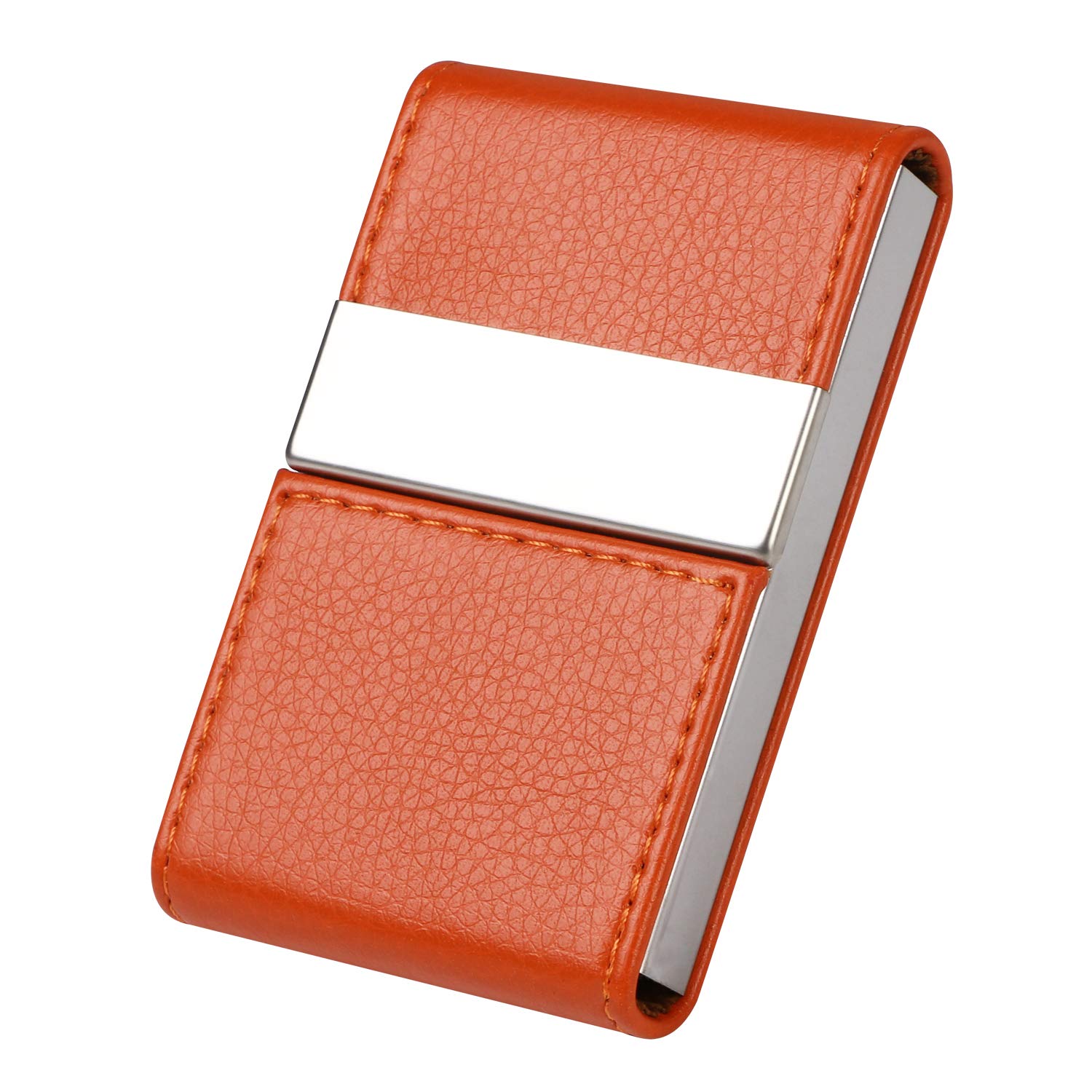 flintronic Business Card Holder | PU Leather Credit Card Holder, Slim Stainless Steel ID Case| Double Open Magnetic Buckle Keep Your Business Name Cards Clean (Orange)