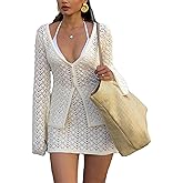 Crochet Sets Two Piece Women Sexy Long Sleeve Cover-Ups Shirt and Mini Skirts Knit Lounge Set