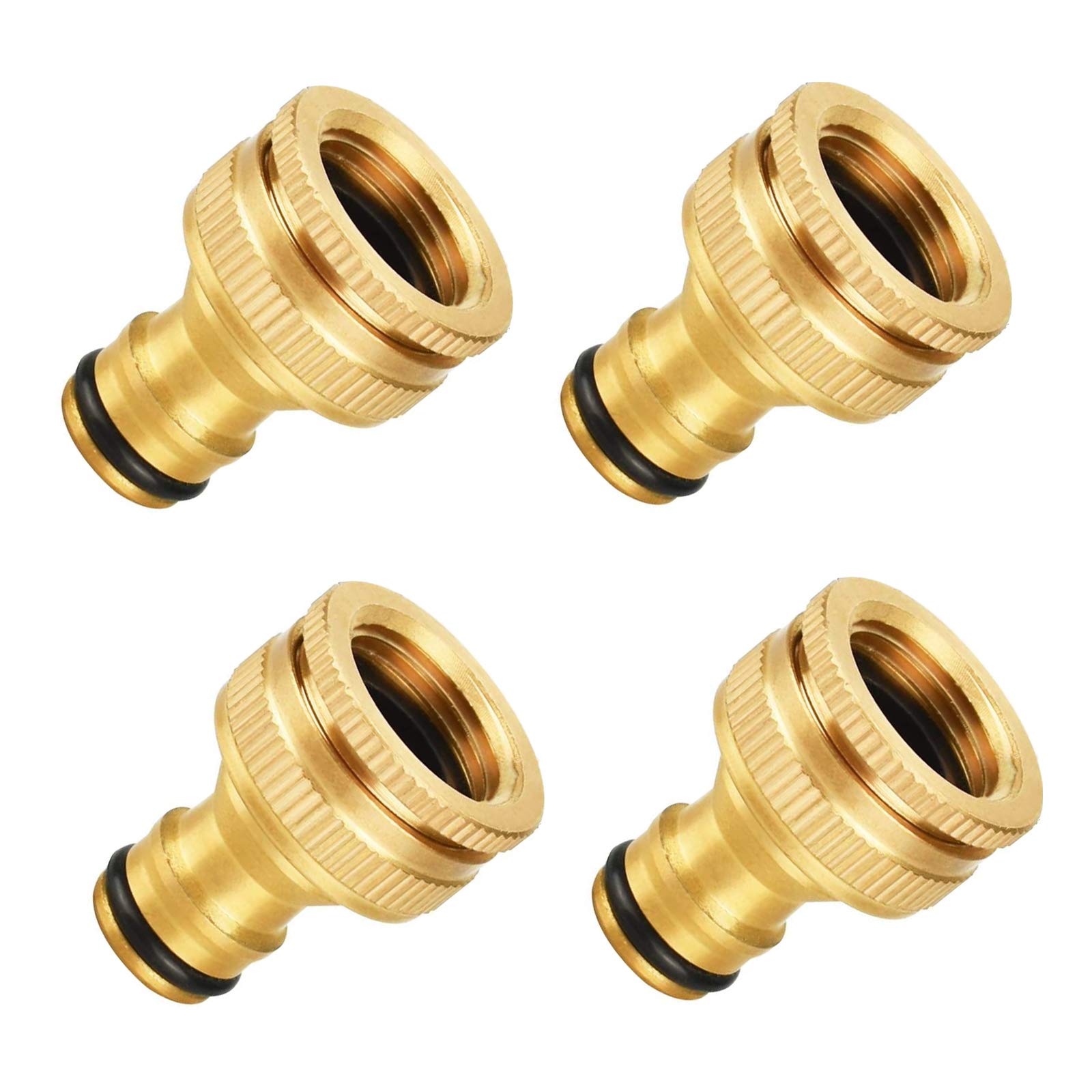 KJLEEN 4pcs Brass Hose Tap Connector Garden Hose Tap Connector Fittings 1/2 inch and 3/4 inch 2-in-1 Female Threaded Faucet Adapter for Outside Hose Pipe Quick Connector