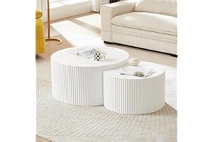 YYZIWYUN Nesting Coffee Table Set of 2 Wood Circle Drum Coffee Tables Set Contemporary Fluted Coffee Table Round Wooden Coffee Tables for Living Room & Small Space ((Cream, 27.5 +19.6in)