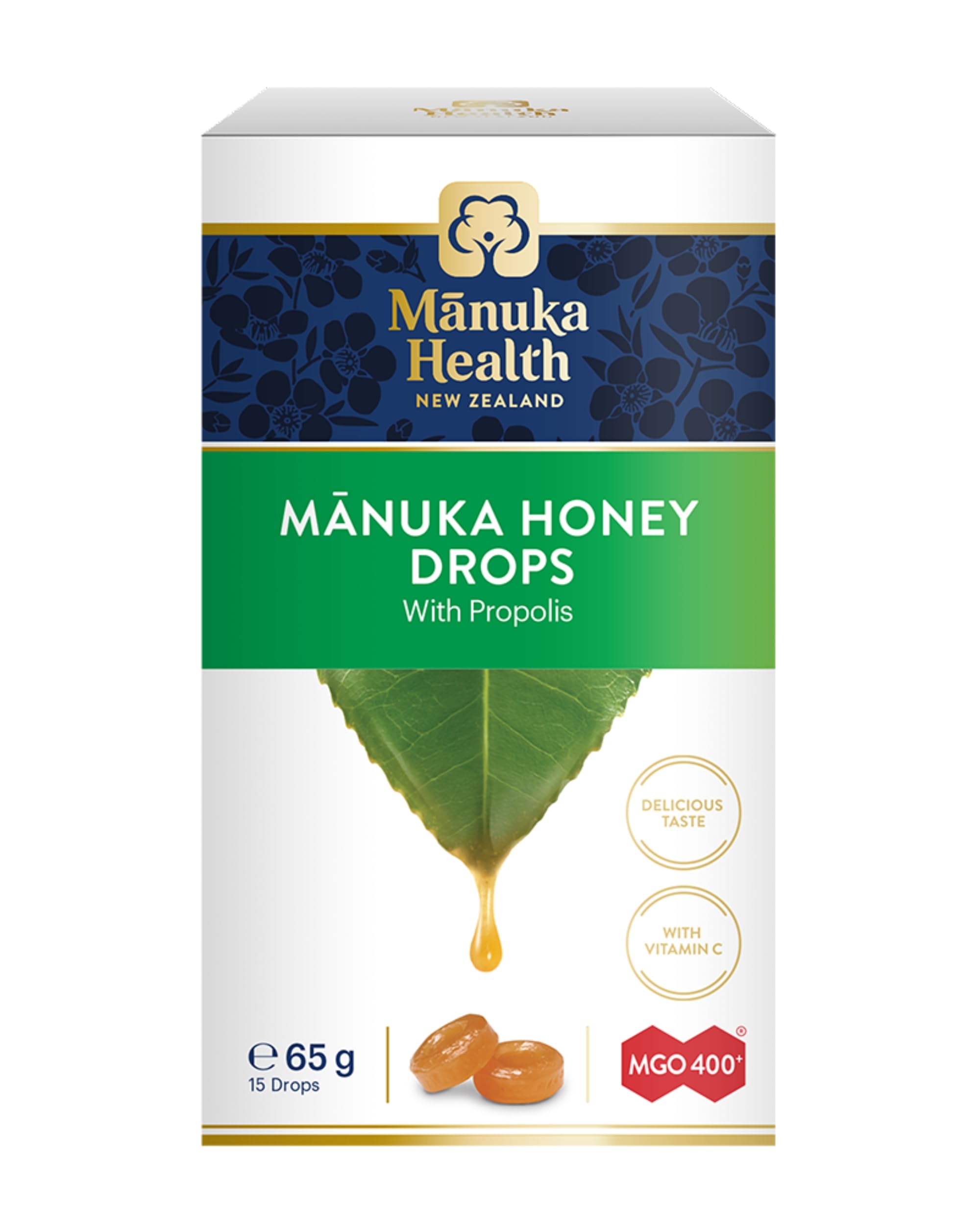 Manuka Health Manuka Honey Lozenges with Propolis, MGO 400+ with Vitamin C, Soothing Drops for Throat Relief – Made with New Zealand Honey, 15 Lozenges