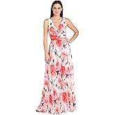 R&M Richards Women's Floral Crinkle Chiffon Maxi Dress W/Ruched Waist & V-Neck Illusion Insert