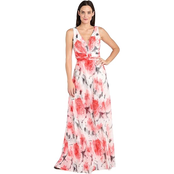 R&M Richards Women's Elegant Floral Maxi Dress | V-Neck Crinkle Pleat Gown  W/Side Slit & Cinched Waist | Spring Summer Style at Amazon Women's  Clothing store