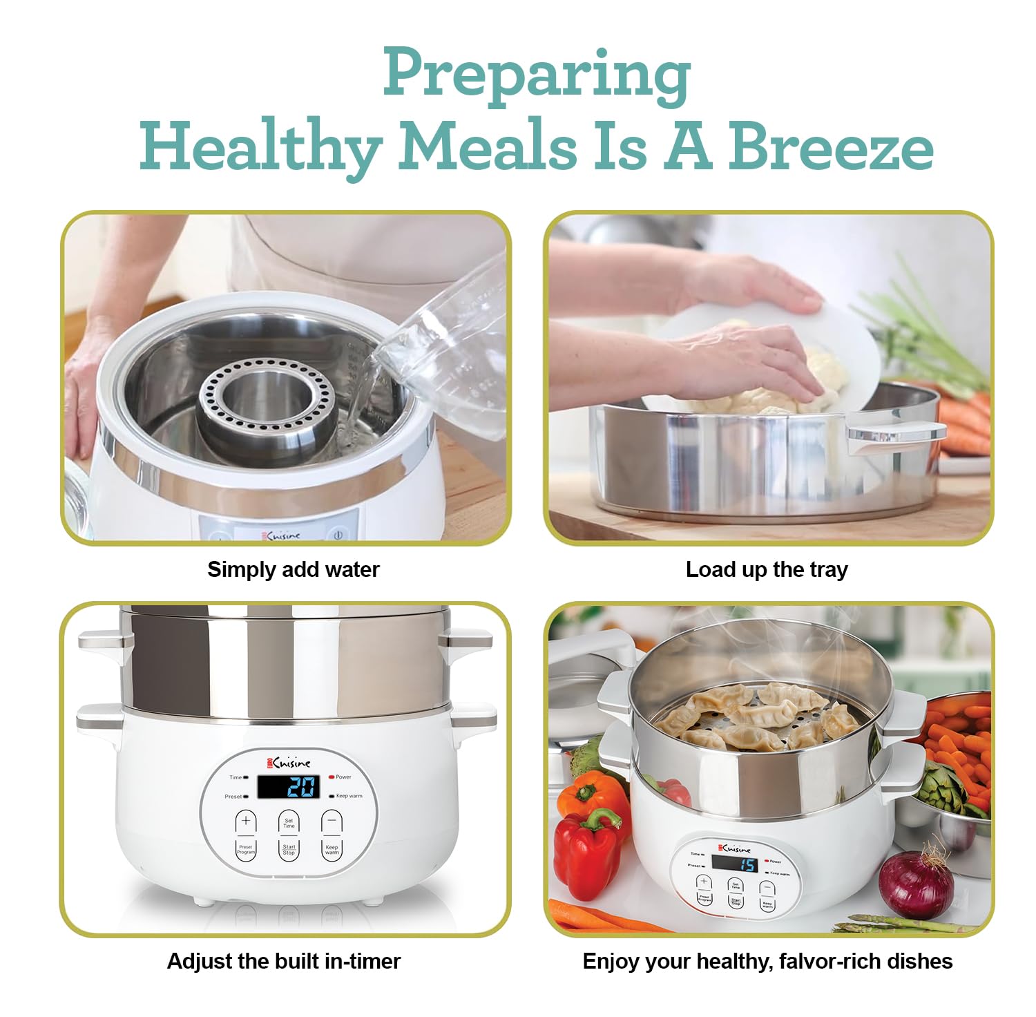 Euro Cuisine FS2500 Electric Food Steamer, Versatile Vegetable Steamer & Steam Cooker Ideal for Fish, Veggie, Meat, Stainless Steel 1200 Watts