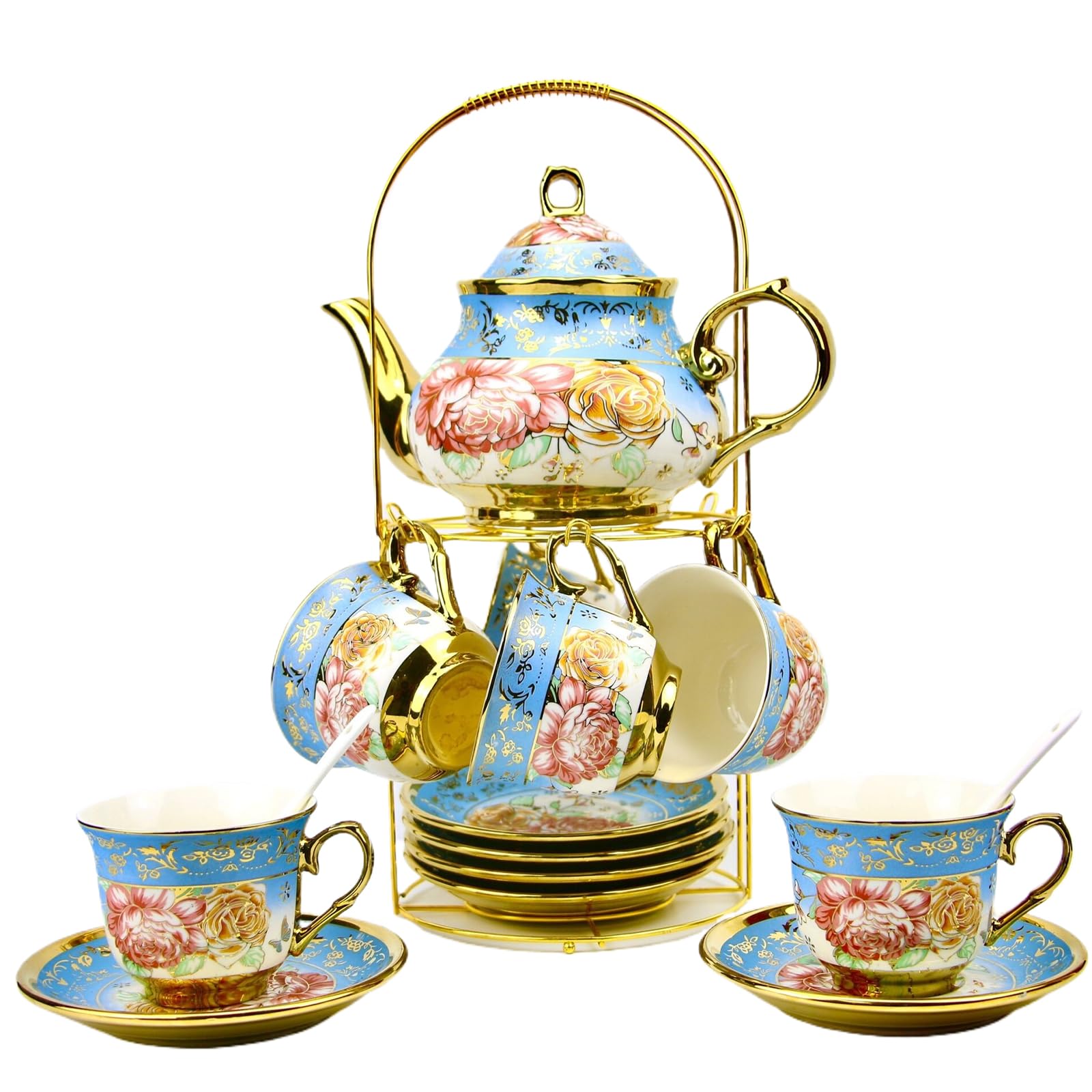 Photo 1 of 20 Pieces Porcelain Tea Set With Metal Holder, European Ceramic tea set for adults,Flower Tea Set,Tea Set For Women With Flower Painting